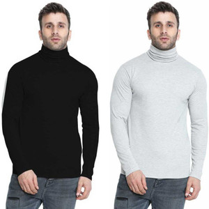 Christone Solid Men Turtle Neck Black, Grey T-Shirt