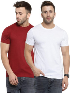 YouthPoi Solid Men Round Neck White, Maroon T-Shirt