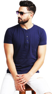 Leotude Solid Men Henley Neck Blue T-Shirt