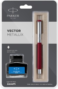 PARKER Vector Metallix Red Body Color (Fine Nib )With Quink Ink Bottle Fountain Pen