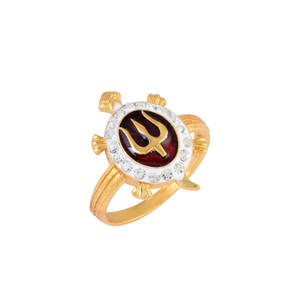 RN Gold Plated Brass CZ, Lucky Tortoise with Lord Shiv Symbol Trishul Design Free Size Finger Ring for Men and Women Brass Cubic Zirconia Gold Plated Ring