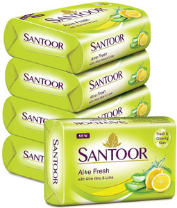 Santoor Aloe Fresh Soap with Aloe Vera and Lime for Radiant Looking Skin, 125g(PACK OF 10)