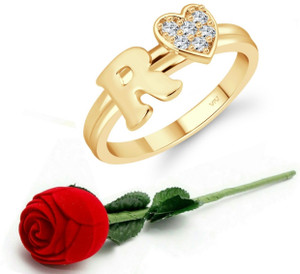 VIGHNAHARTA Vighnaharta cz alloy Gold plated Valentine collection Initial '' R '' Letter with heart ring alphabet collection with Scented Velvet Rose Ring Box for women and girls and your Valentine. Alloy Cubic Zirconia Gold Plated Ring