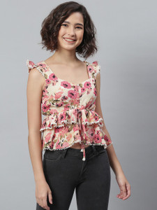 KASSUALLY Casual Sleeveless Printed Women Pink Top