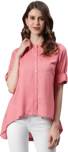 Janasya Casual 3/4 Sleeve Solid Women Pink Top