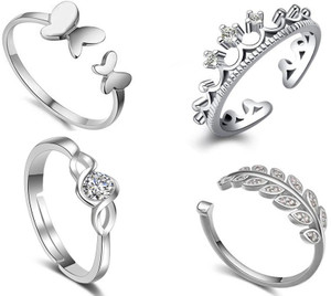 Om Jewells Plated Combo of 4 Adjustable Finger Studded with White Stones Alloy, Crystal Crystal Rhodium Plated Ring Set