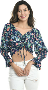 Blushia Casual 3/4 Sleeve Printed Women Dark Blue Top