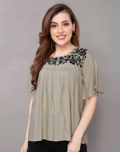 GURMEET FASHION Casual 3/4 Sleeve Embroidered Women Grey Top