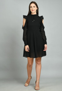 AAYU Women Fit and Flare Black Knee Length Dress