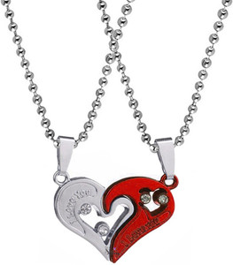 Sullery Valentine Gift Zirconia Crystals I Love You Engraved Heart Dual Locket Pendant Necklace Chain Unisex Jewellery 1 Pair For His And Her Rhodium Cubic Zirconia Zinc, Metal Pendant Set