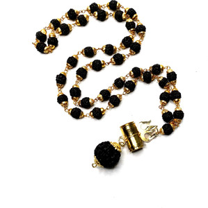 Mahant Ji 100% Natural & Original Gold Cap Covered Rudraksha Mala with Gold Plated Trishul Damru 5 Mukhi Rudraksha Locket for Men and Women Lab Certificate, Gangajal and Chandan from Kashi Beads Gold-plated Plated Brass, Wood Chain Set