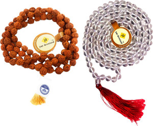 Just Devotional Combo of Sphatik Mala, 5 Mukhi Rudraksha Mala 108 beads for Puja & Wearing, 100% Original Rosary 108+1 Beads Size 7-8 mm Mala, Wood Chain Set