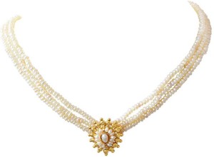 Surat Diamond White Gold Plated Pendant and 3 Line Freshwater Pearl Necklace for Women Pearl Metal Necklace