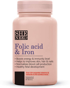 SheNeed Folic Acid & Iron Supplements – Supports Pregnancy & Iron Production – 60 Tablets