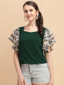 DL Fashion Casual Short Sleeve Solid Women Green Top