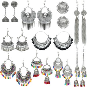 YOTOG Combo of 10 Silver Oxidised Earrings Combo Pack for Girls and Women. Long Tribal Afghani chandbali jhumka Earrings Beads Alloy, Brass Earring Set, Drops & Danglers, Jhumki Earring