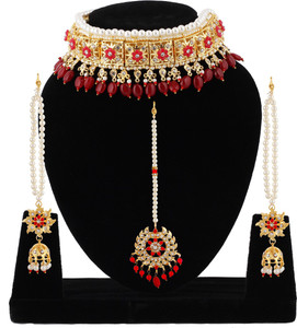 hurrio Mother of Pearl Gold-plated Ruby Red Jewellery Set