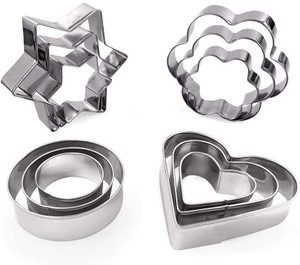 Cloudzy Cookie Cutter Shapes Set of 12 with 4 Different Shapes Stainless Steel Dough Shaper for Kids Sugarcraft Flower, Heart, Round and Star Mould Baking Tools for Diwali & Christmas (3 Sizes) Cookie Cutter