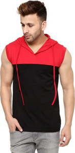 Morewill Colorblock Men Hooded Neck Red, Black T-Shirt
