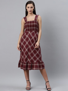 PLUSS Women A-line Maroon Knee Length Dress