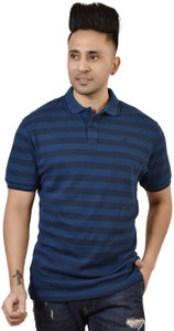 ANTILOOP Striped Men Polo Neck Dark Blue, Blue T-Shirt