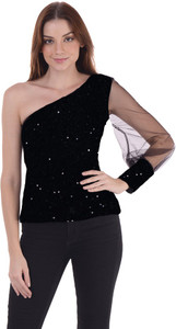 Misverse Party Short Sleeve Embellished Women Black Top