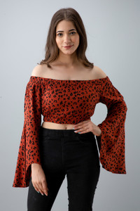 PRETTY LOVING THING Party Flared Sleeve Printed Women Brown Top