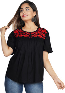 GURMEET FASHION Casual Half Sleeve Embroidered Women Black Top