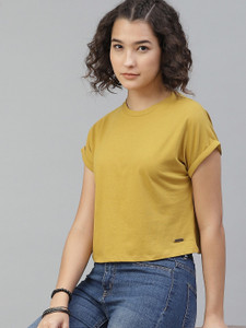 Roadster Solid Women Round Neck Yellow T-Shirt