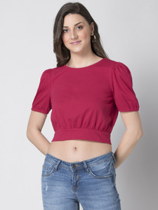 FABALLEY Casual 3/4 Sleeve Solid Women Pink Top
