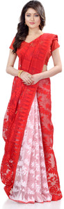TANTLOOM Floral Print Jamdani Handloom Pure Cotton Saree