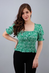 PRETTY LOVING THING Casual Puff Sleeve Floral Print Women Light Green Top