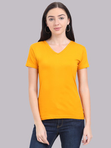 Fleximaa Solid Women V Neck Yellow T-Shirt