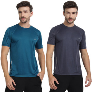 FTX Solid Men Round Neck Dark Blue, Grey T-Shirt