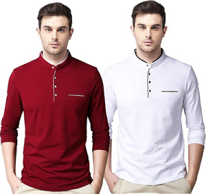 Jangoboy Solid Men Mandarin Collar White, Maroon T-Shirt