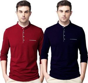 Adorbs Solid Men Mandarin Collar Dark Blue, Maroon T-Shirt