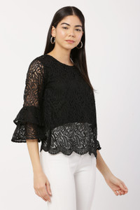 MUMRAA Casual 3/4 Sleeve Self Design Women Black Top