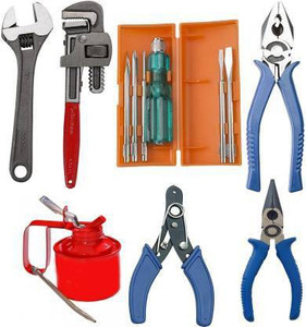 DHATRI TOOLS Tool Kit Set for Home/Garage/Car/Bike/Industry (Set of 7 Tool kit) Contains 5 Pcs Screwdriver Set + 1 8" Lineman Plier + 6" Wire Cutter + 10" Pipe Wrench + 8" Adjustable Spanner + 236 ml Oil Lubrication Can + 6" Needell Nose Plier Hand Tool Kit (8 Tools) Single Sided Pipe Wrench