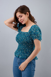 PRETTY LOVING THING Casual Puff Sleeve Printed Women Blue Top