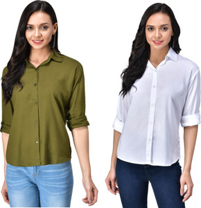 FUNDAY FASHION Women Solid Casual Green, White Shirt