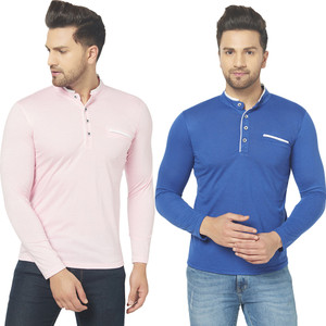 Jangoboy Solid Men Mandarin Collar Dark Blue, Pink T-Shirt