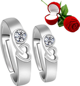 PREMIUM TRADE Couple Rings for lovers Silver Plated Exclusive Heart Design With Solitaire Diamond His And Her Adjustable proposal couple ring for Men And Women Jewellery Set With Beautiful Red Rose Box Brass Cubic Zirconia Sterling Silver Plated Ring Set