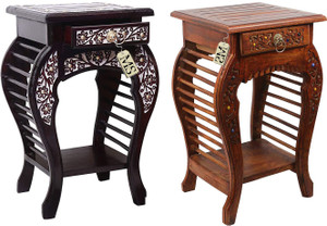 manzees Wooden Floral Carved Black-Brown BedSide, Sofa-Side Table with Pearls and Drawer /Bed Side Table for Living and Bedroom/Home Decor Stool with Drawer Black-Brown Finish Solid Wood Bedside Table