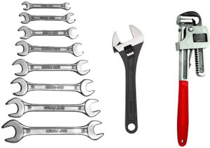 DHATRI TOOLS DOE Spanner Set of 8 Pcs With Rack (6x7,?8x9,10x11,12x13,14x15,16x17,18x19,20x22 ),8 INCH ADJUSTABLE,12 INCH PIPE WRENCH Double Sided Open End Wrench