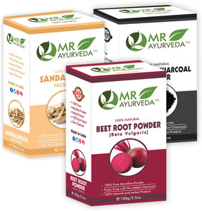 MR Ayurveda BeetRoot Powder, Sandalwood Face Pack Powder & Activated Charcoal Powder - Set of 3