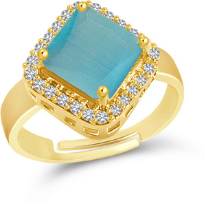 VSHINE FASHION JEWELLERY Adjustable Ladies Ring Exclusive Collection Square Shaped Aquamarine Blue Coloured Cubic Zirconia American Diamond Studded Fashionable Gold Plated Free Size Stylish Fancy Party Wear Latest Design Fashion Jewellery Rings for Women, Girls, Girlfriend & Wife Alloy, Brass Cubic Zirconia Gold Plated Ring
