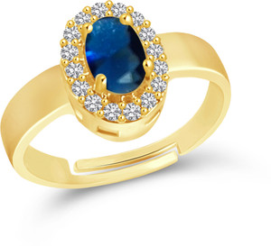VSHINE FASHION JEWELLERY Adjustable Ladies Ring Exclusive Collection Oval Shaped Sapphire Blue Coloured Cubic Zirconia American Diamond Studded Fashionable Gold Plated Free Size Stylish Fancy Party Wear Latest Design Fashion Jewellery Rings for Women, Girls, Girlfriend & Wife Alloy, Brass Cubic Zirconia Gold Plated Ring
