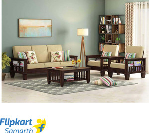 Divine Arts Solid Sheesham Wood For Living Room / Office| Fabric Fabric 3 + 1 + 1 Sofa Set