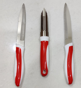 OFFYX 3 Pc Stainless Steel Knife Set Stainless Steel Kitchen Knife Set and Peeler(Red)