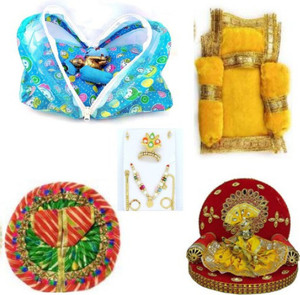 Swa Mi Laddu Gopal Ji Brass Idol with singhasdan , with Shringar Set of Mukut, Mala, Bansuri, Asan and 2 Dresses, for Krishna Idol, (Ladoo Gopal Dress Combo), (Size: 1 no.) Dress (Cotton, Silk) Dress